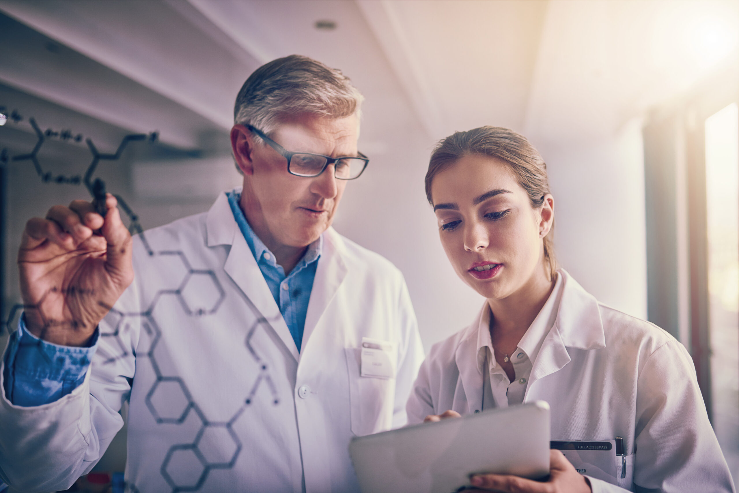 Shot of two focused scientists working together solving equations on a glass wall in a laboratory.